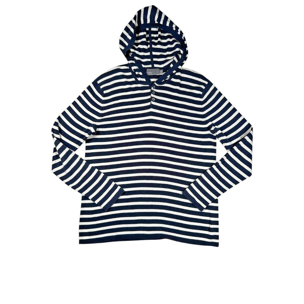 Vince Hoodie Mens Sz M Navy White Nautical Stripe Cotton Knit Pullover Sweater